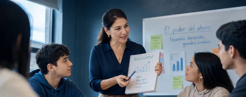 Docente explicando el poder del ahorro a un grupo de estudiantes