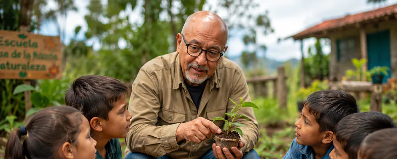 Docente sembrando una planta junto a niñas y niños en una huerta escolar