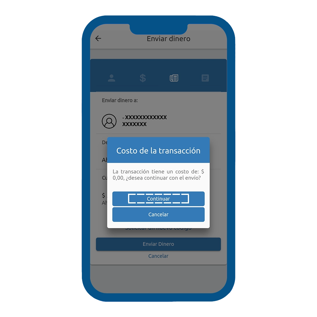 Verificación del costo de la transacción y envío de dinero 
