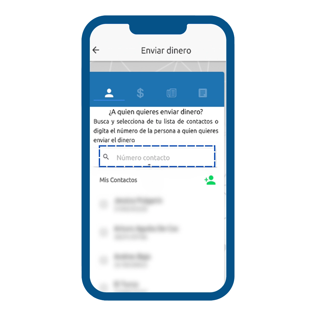 Selección del número de contacto para enviar dinero