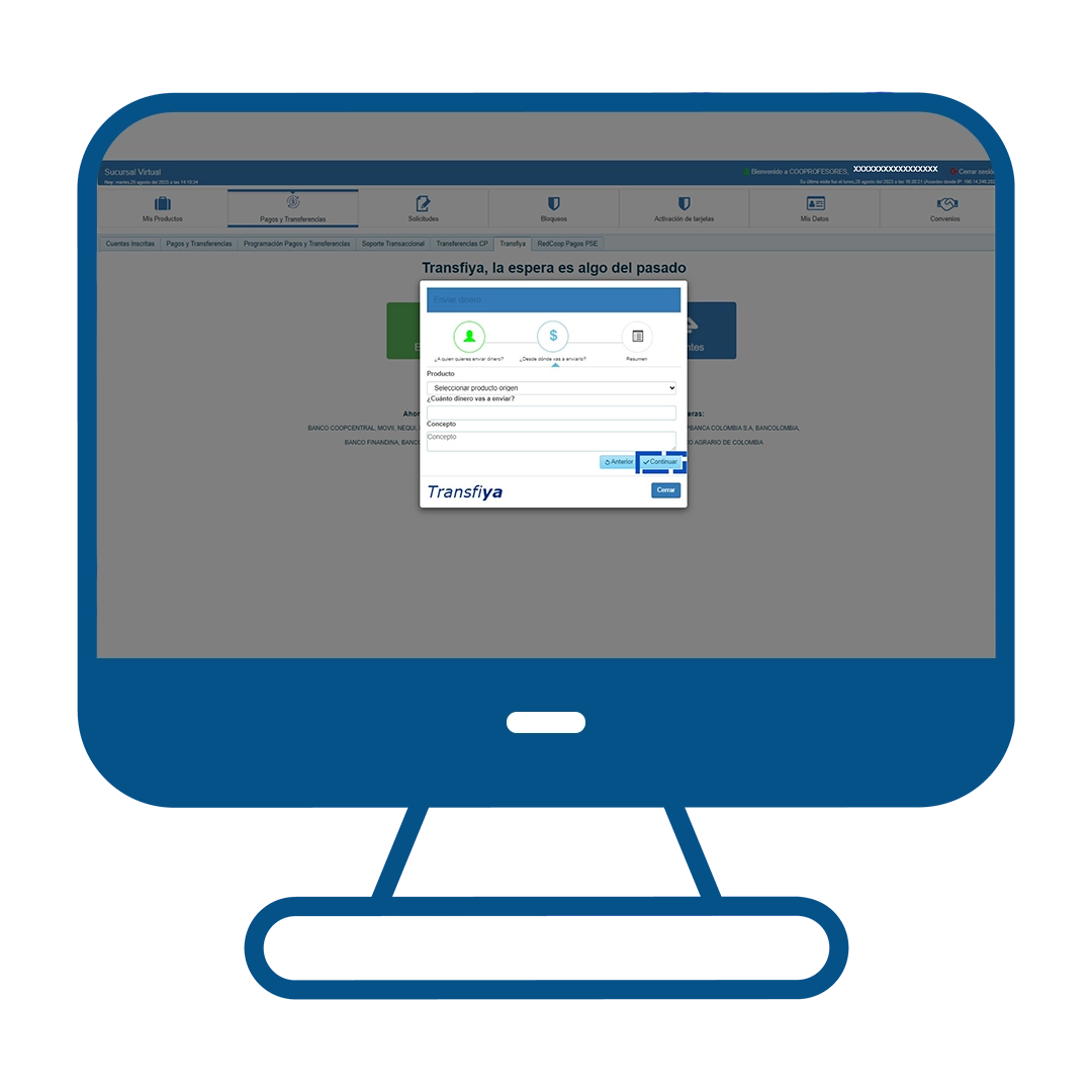 Paso 13 del instructivo para enviar dinero en Transfiya desde el Multiportal Banca Maestra