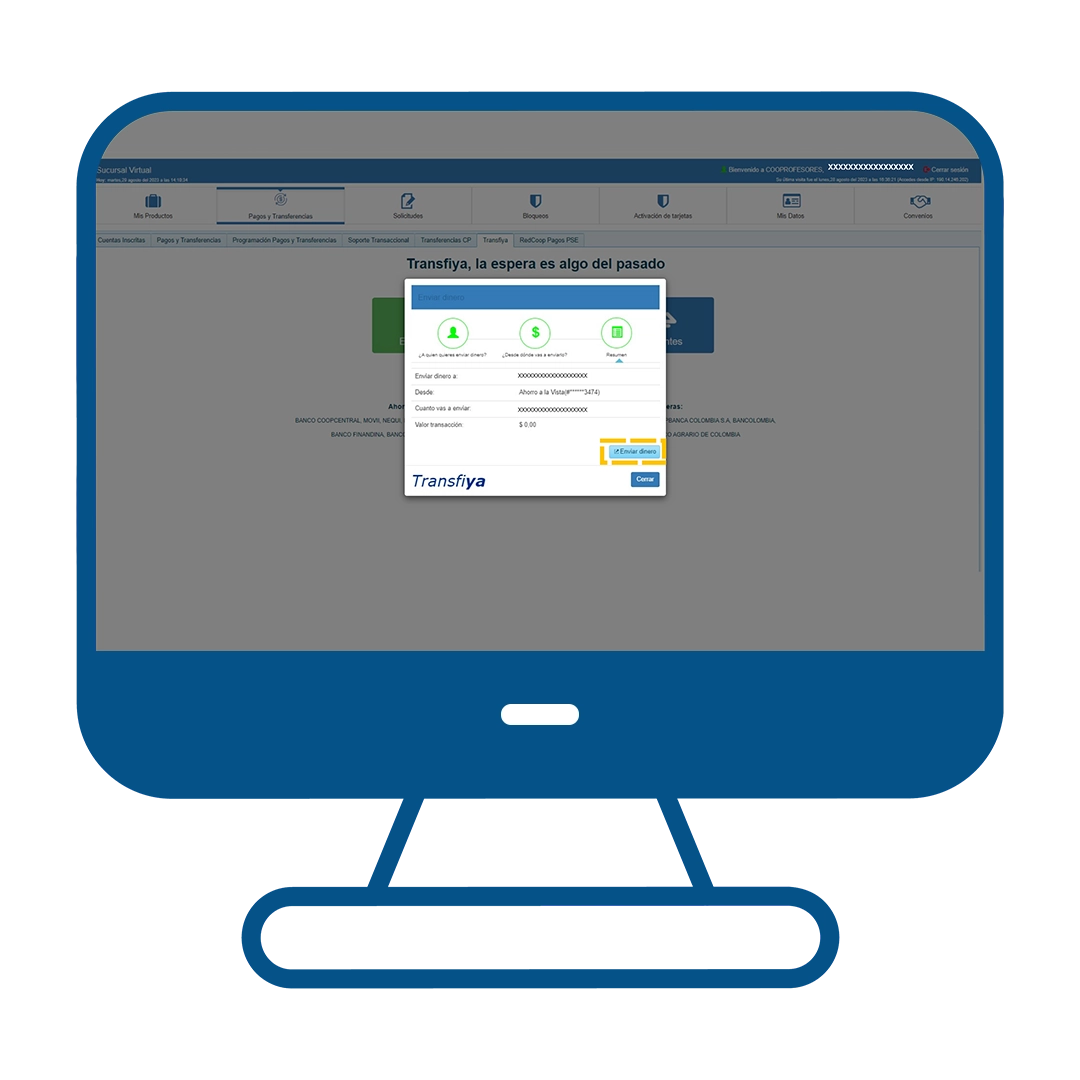 Paso 14 del instructivo para enviar dinero en Transfiya desde el Multiportal Banca Maestra