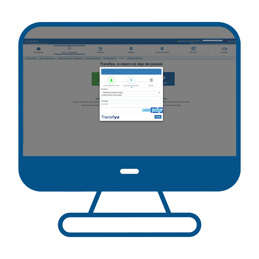  Paso 13 del instructivo para solicitar dinero en Transfiya desde el Multiportal Banca Maestra